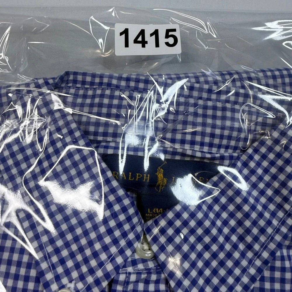 Ralph Lauren Button Down Shirt Kids Boys L 14-16 Blue Gingham Long Sleeve Cotton